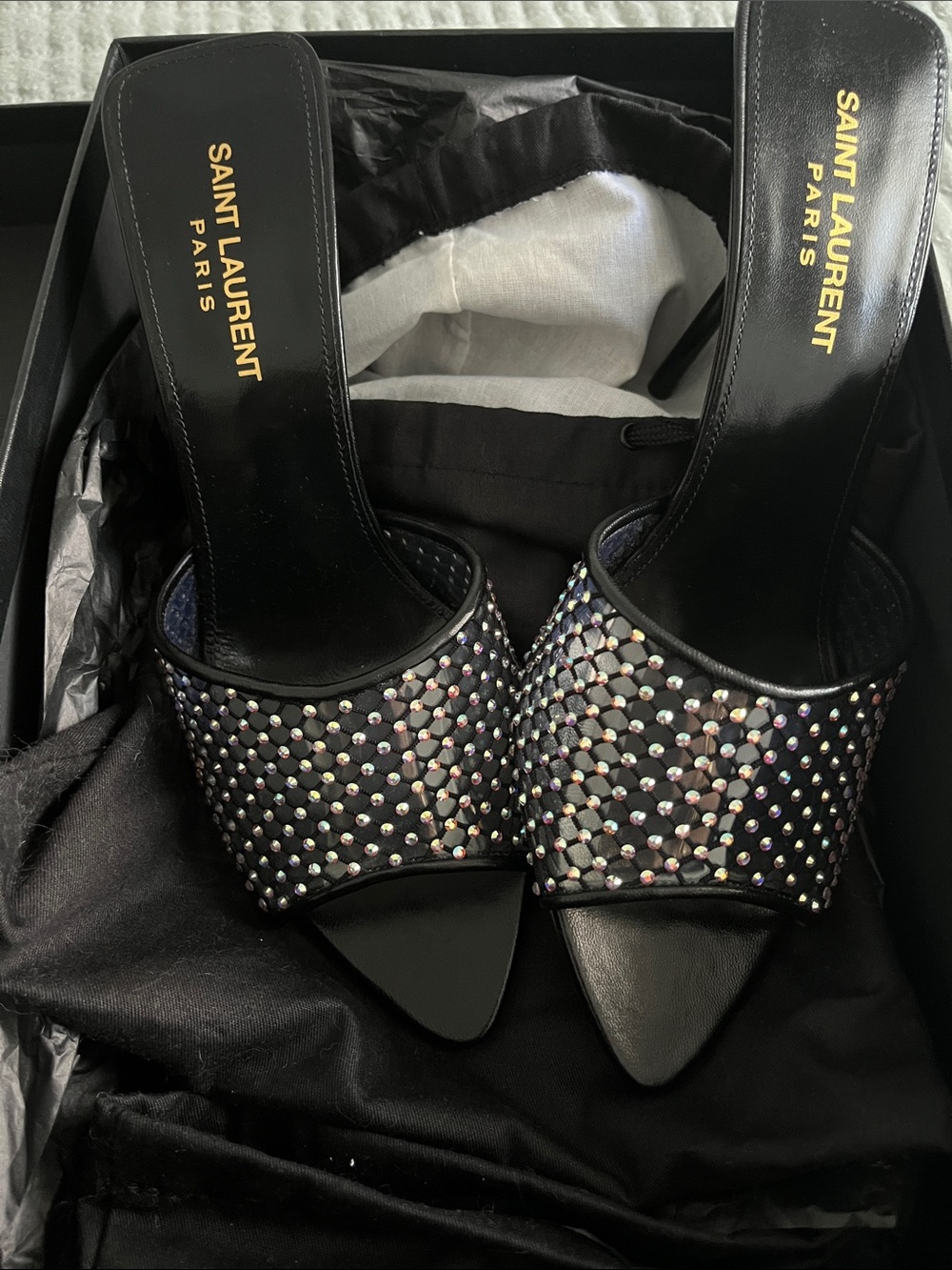 YSL Saint Laurent Black Crystal-Studded Slide Mules - worn once, box + dust bag